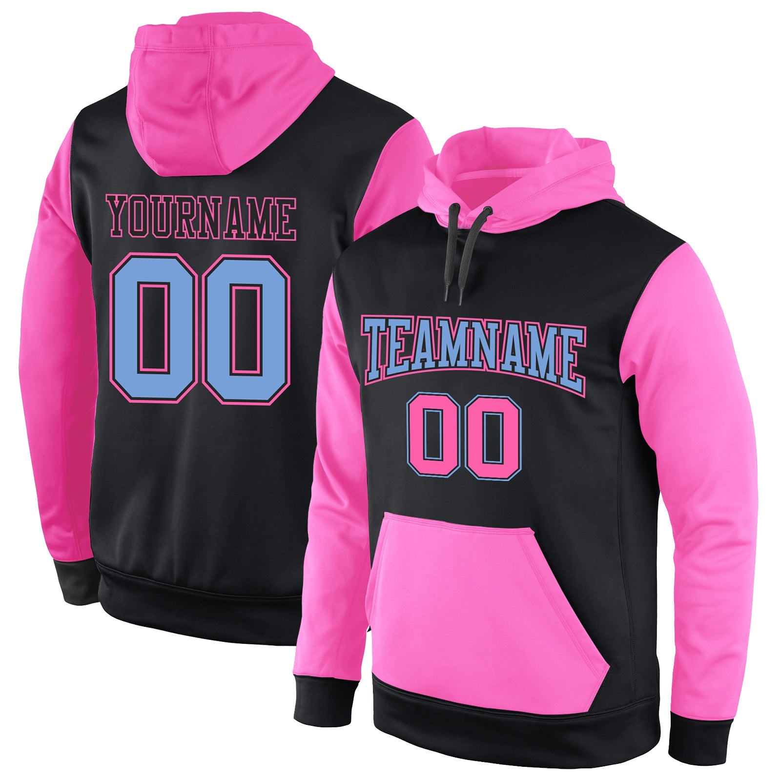 Custom Stitched Black Light Blue-Pink Sports Pullover Sweatshirt Hoodie