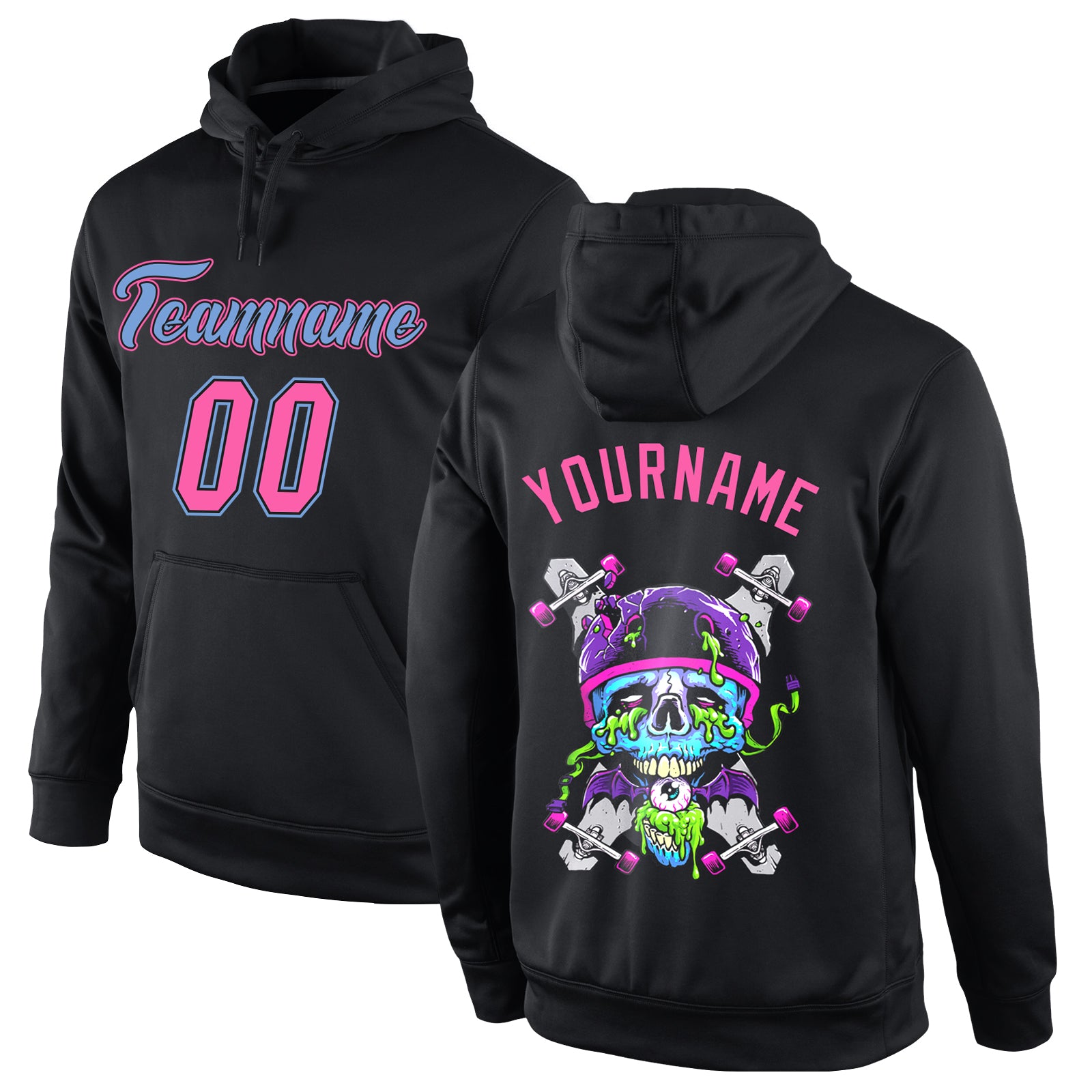 Custom Stitched Black Pink-Light Blue Skull Fashion Sports Pullover Sweatshirt Hoodie