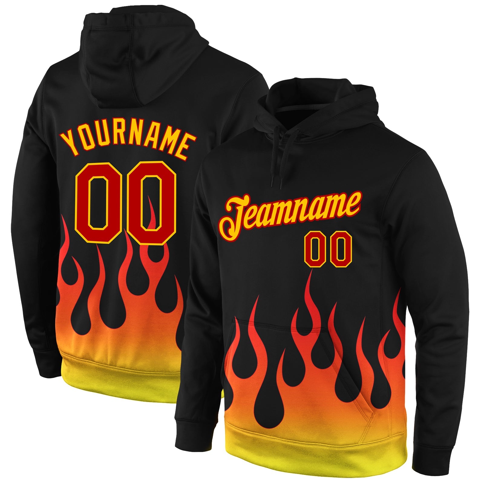 Custom Stitched Black Red-Gold 3D Pattern Design Flame Sports Pullover Sweatshirt Hoodie