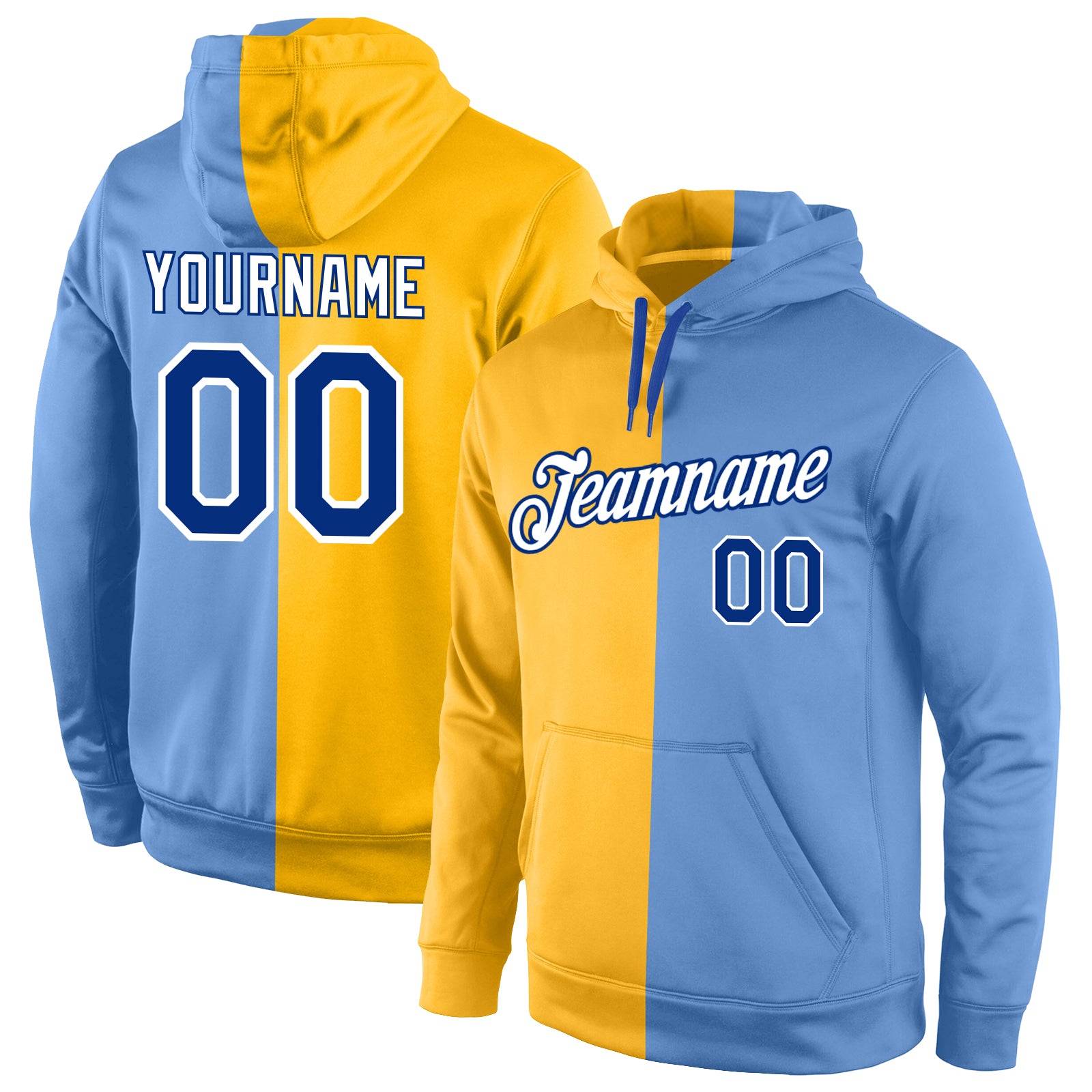 Custom Stitched Gold Royal-Light Blue Split Fashion Sports Pullover Sweatshirt Hoodie