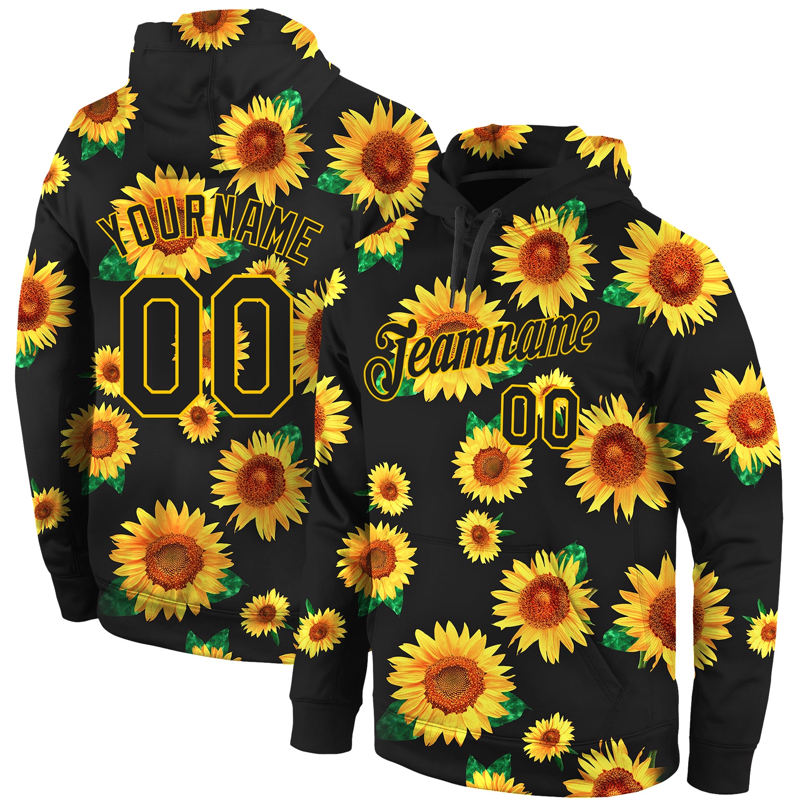 Custom Stitched Graffiti Pattern Black-Gold 3D "Sunflowers" Sports Pullover Sweatshirt Hoodie