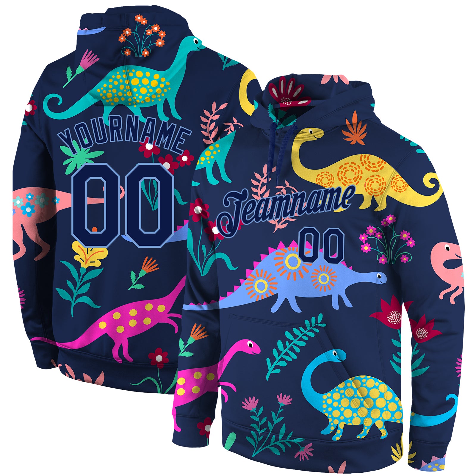 Custom Stitched Graffiti Pattern Navy-Light Blue 3D "Dinosaur" Sports Pullover Sweatshirt Hoodie