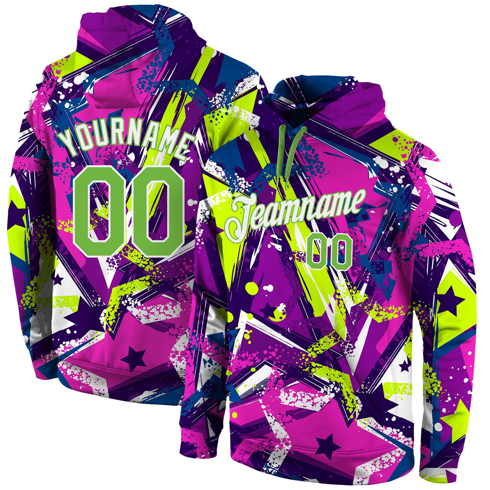 Custom Stitched Graffiti Pattern Neon Green-White 3D Sports Pullover Sweatshirt Hoodie