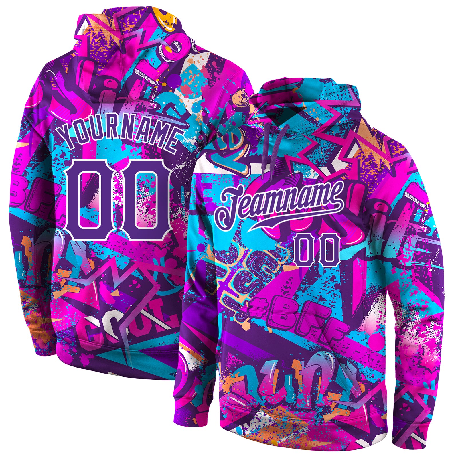 Custom Stitched Graffiti Pattern Purple-White 3D Sports Pullover Sweatshirt Hoodie