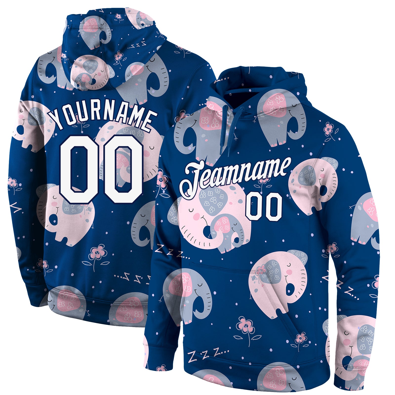 Custom Stitched Graffiti Pattern White-Navy 3D "Elephant" Sports Pullover Sweatshirt Hoodie