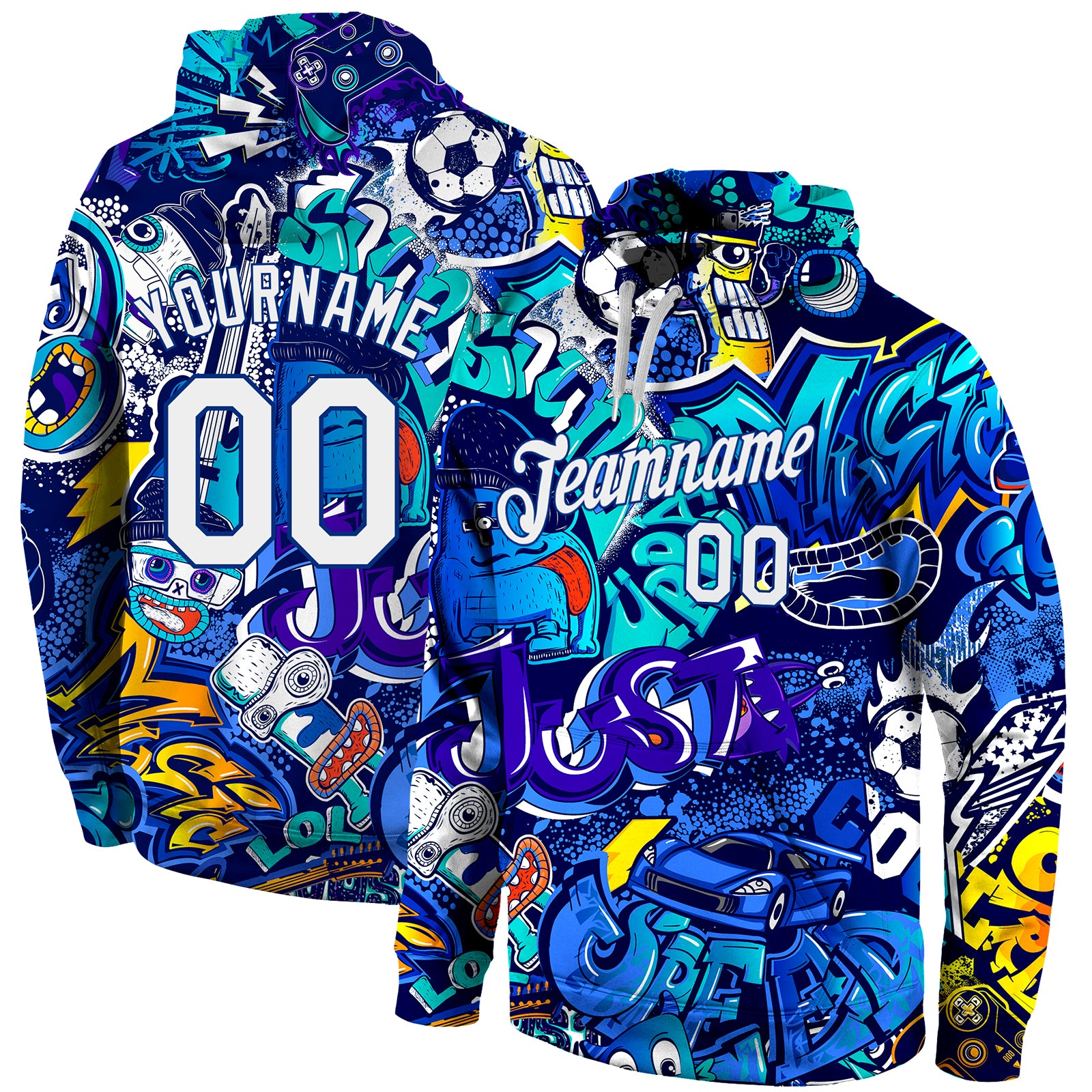 Custom Stitched Graffiti Pattern White-Royal 3D Sports Pullover Sweatshirt Hoodie