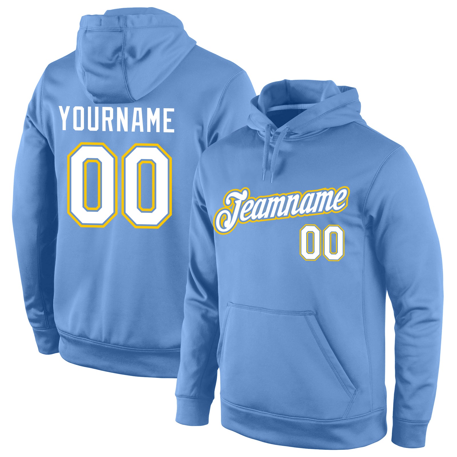 Custom Stitched Light Blue White-Gold Sports Pullover Sweatshirt Hoodie