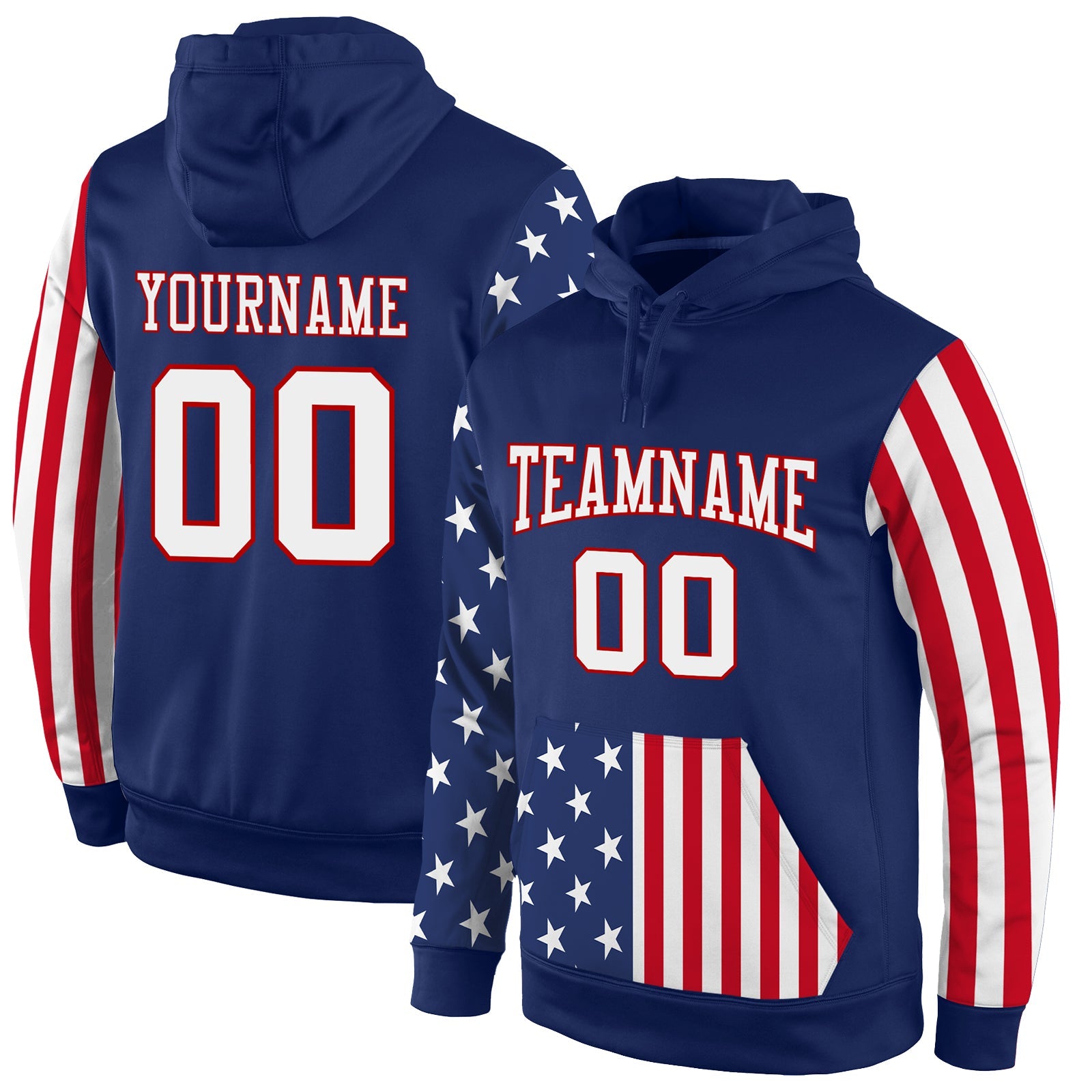 Custom Stitched Royal White-Red 3D American Flag Fashion Sports Pullover Sweatshirt Hoodie