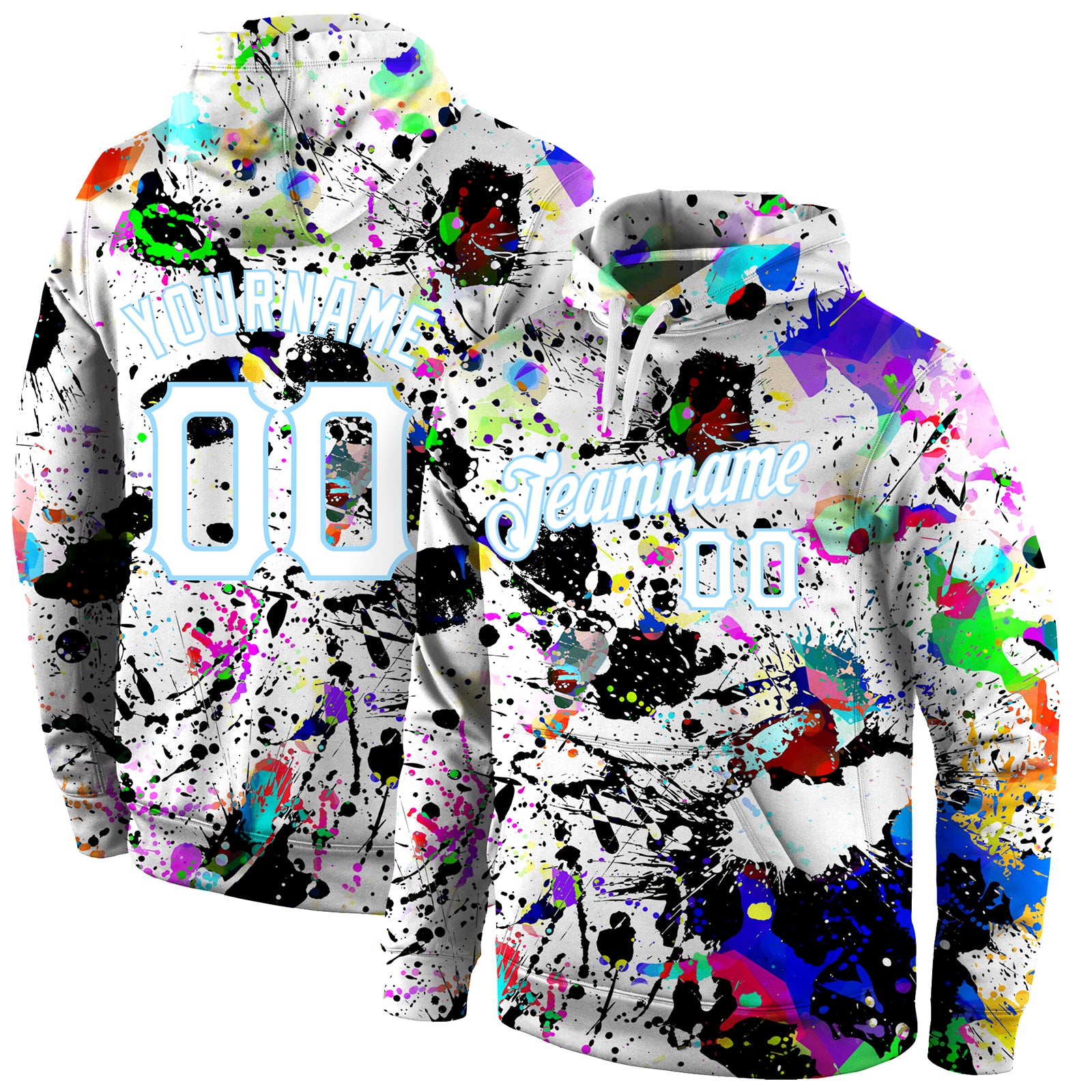 Custom Stitched Splashes Graffiti Pattern White-Light Blue 3D Sports Pullover Sweatshirt Hoodie