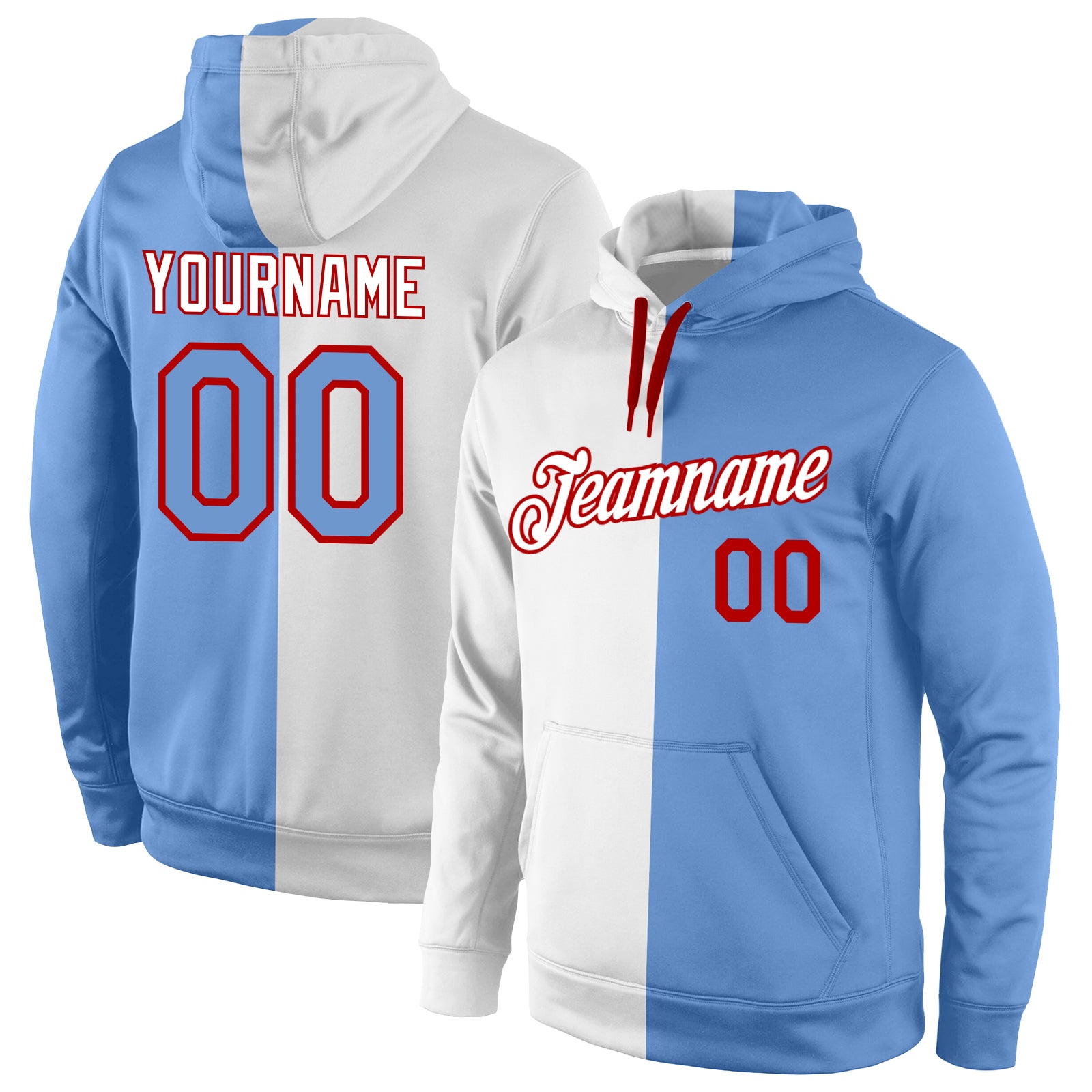 Custom Stitched White Light Blue-Red Split Fashion Sports Pullover Sweatshirt Hoodie