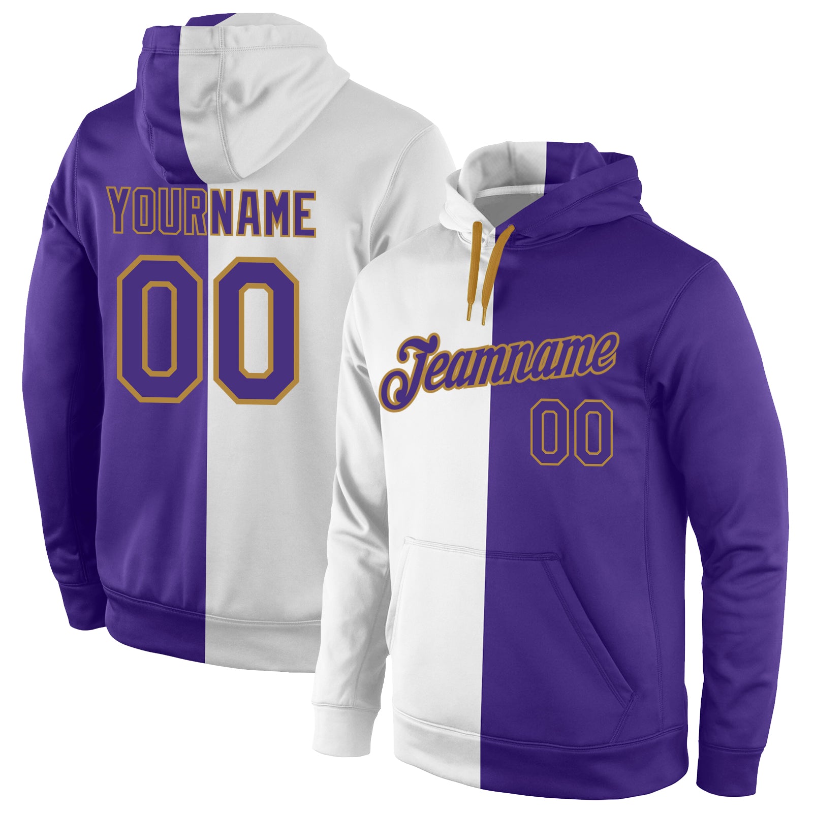 Custom Stitched White Purple-Old Gold Split Fashion Sports Pullover Sweatshirt Hoodie