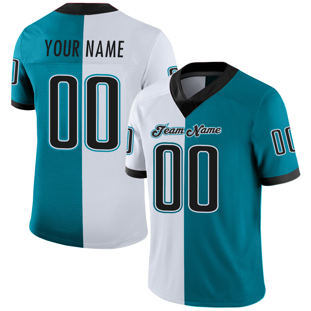 Custom Teal Black-White Mesh Split Fashion Football Jersey