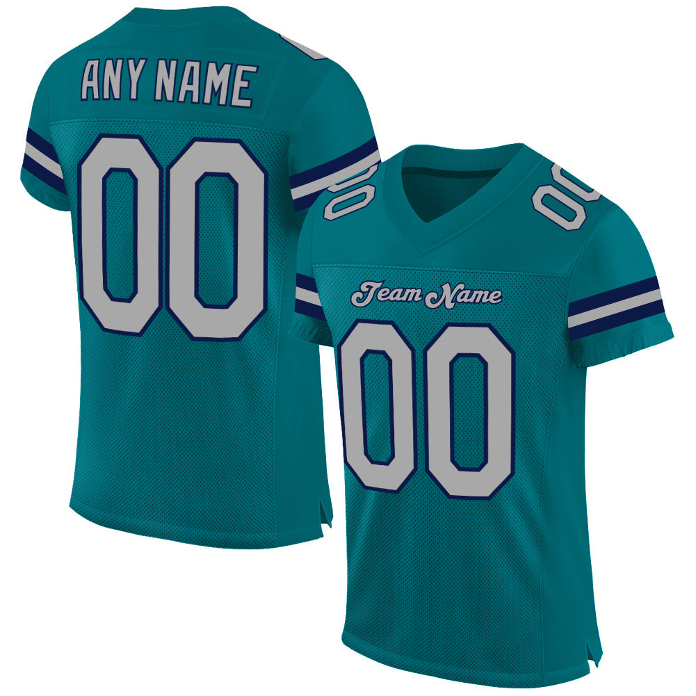 Custom Teal Gray-Navy Mesh Authentic Football Jersey