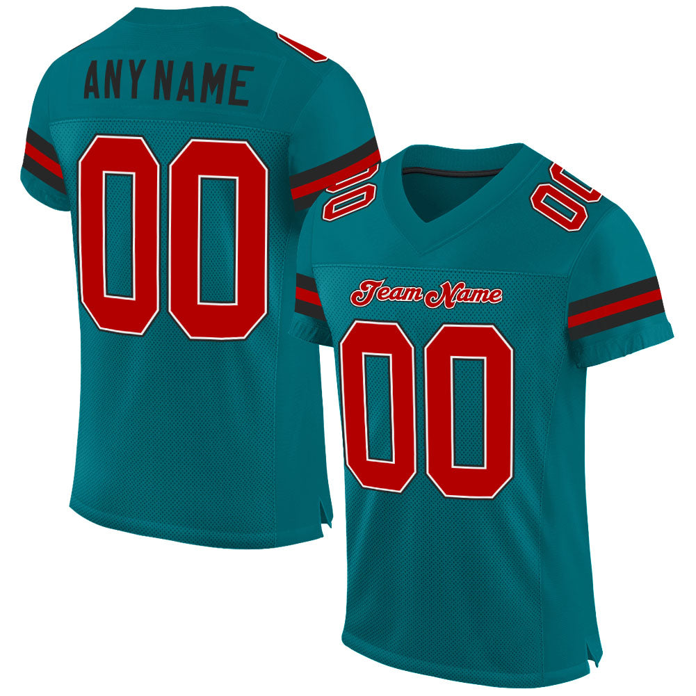 Custom Teal Red-Black Mesh Authentic Football Jersey