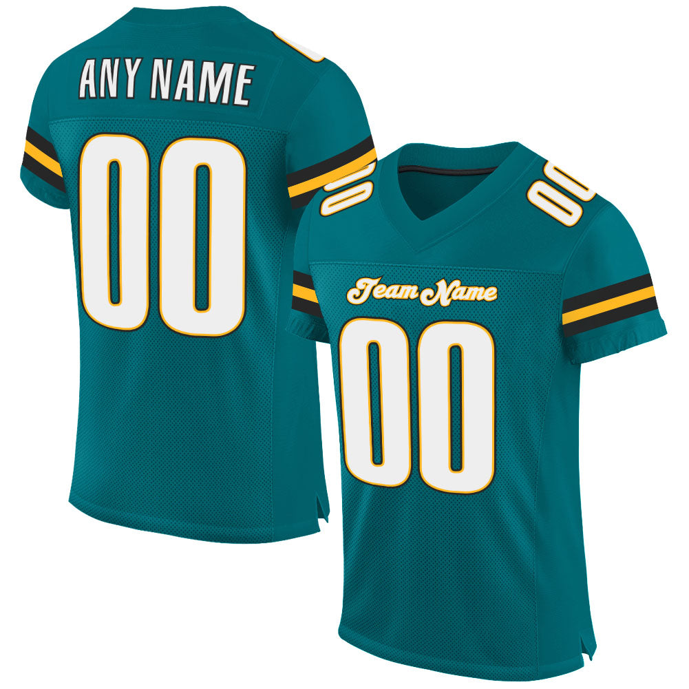 Custom Teal White-Gold Mesh Authentic Football Jersey