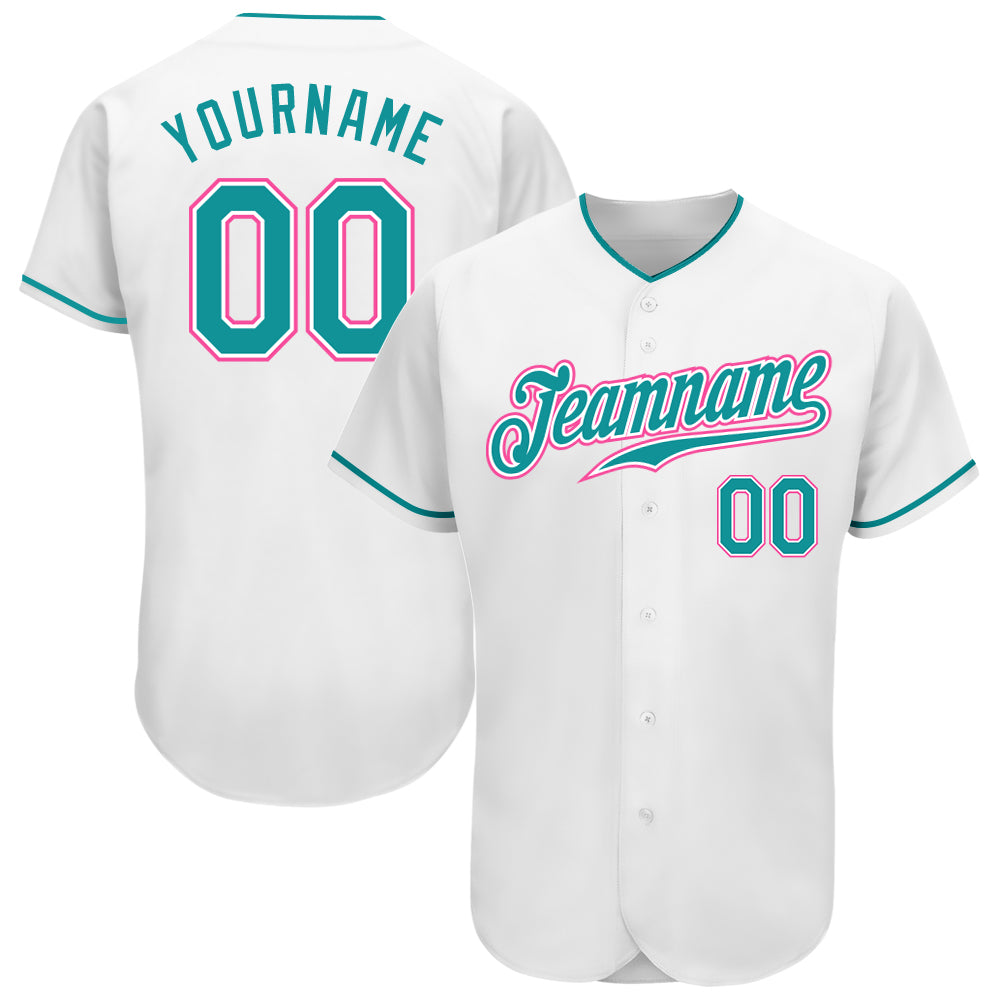 Custom White Aqua-Pink Authentic Baseball Jersey