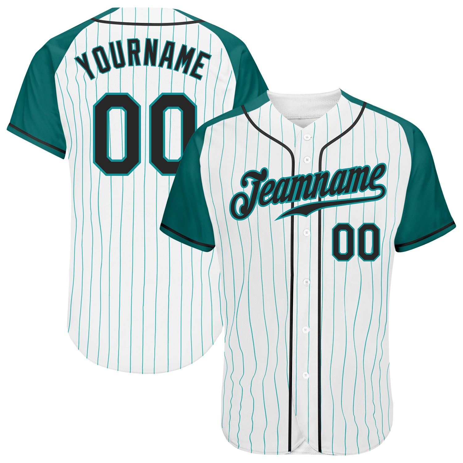 Custom White Aqua Pinstripe Black-Aqua Authentic Raglan Sleeves Baseball Jersey