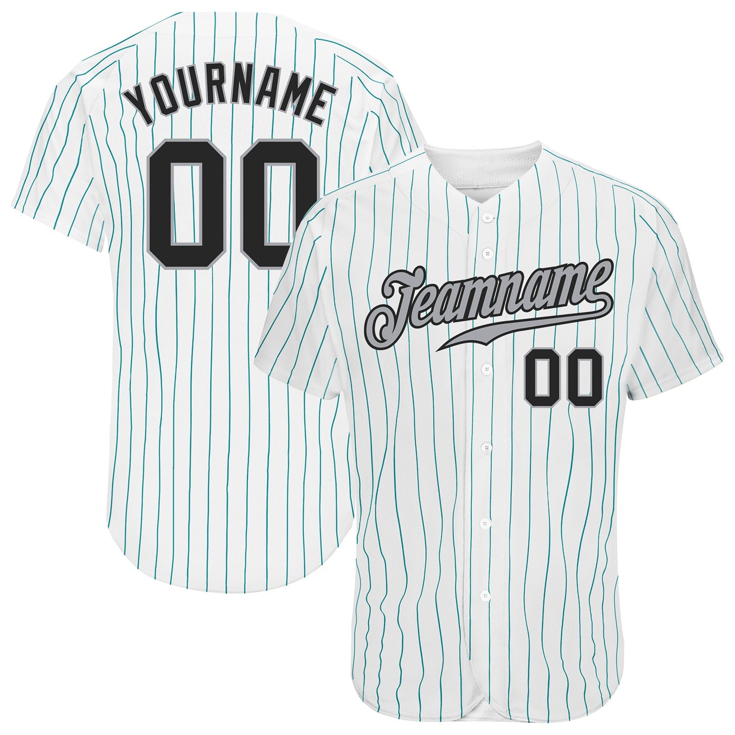 Custom White Aqua Pinstripe Black-Gray Authentic Baseball Jersey