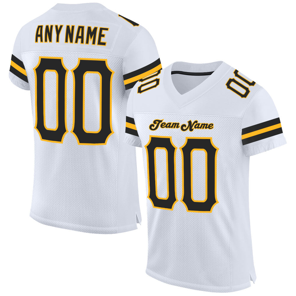 Custom White Black-Gold Mesh Authentic Football Jersey