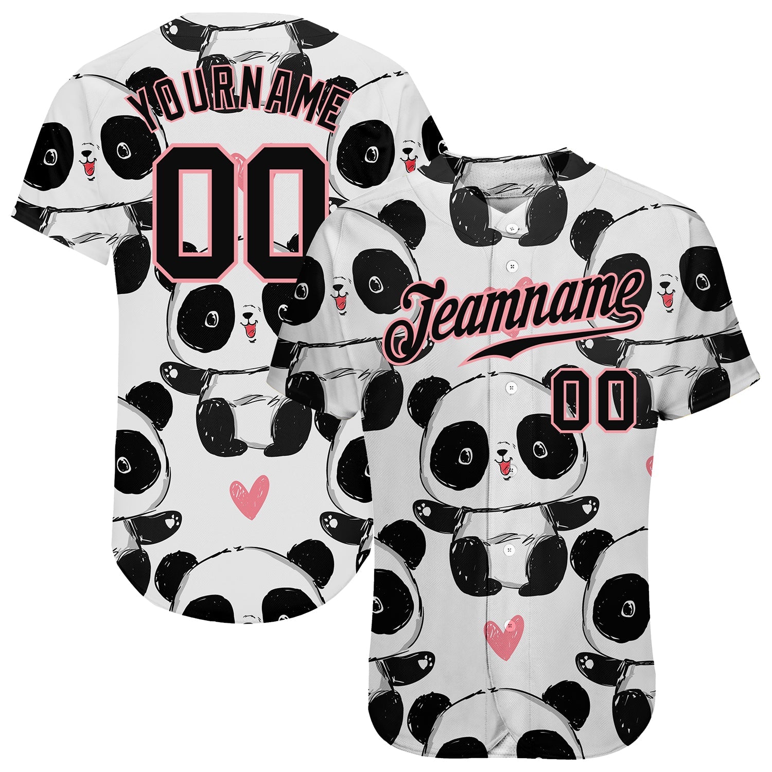 Custom White Black-Pink 3D Pattern Design Pandas Authentic Baseball Jersey