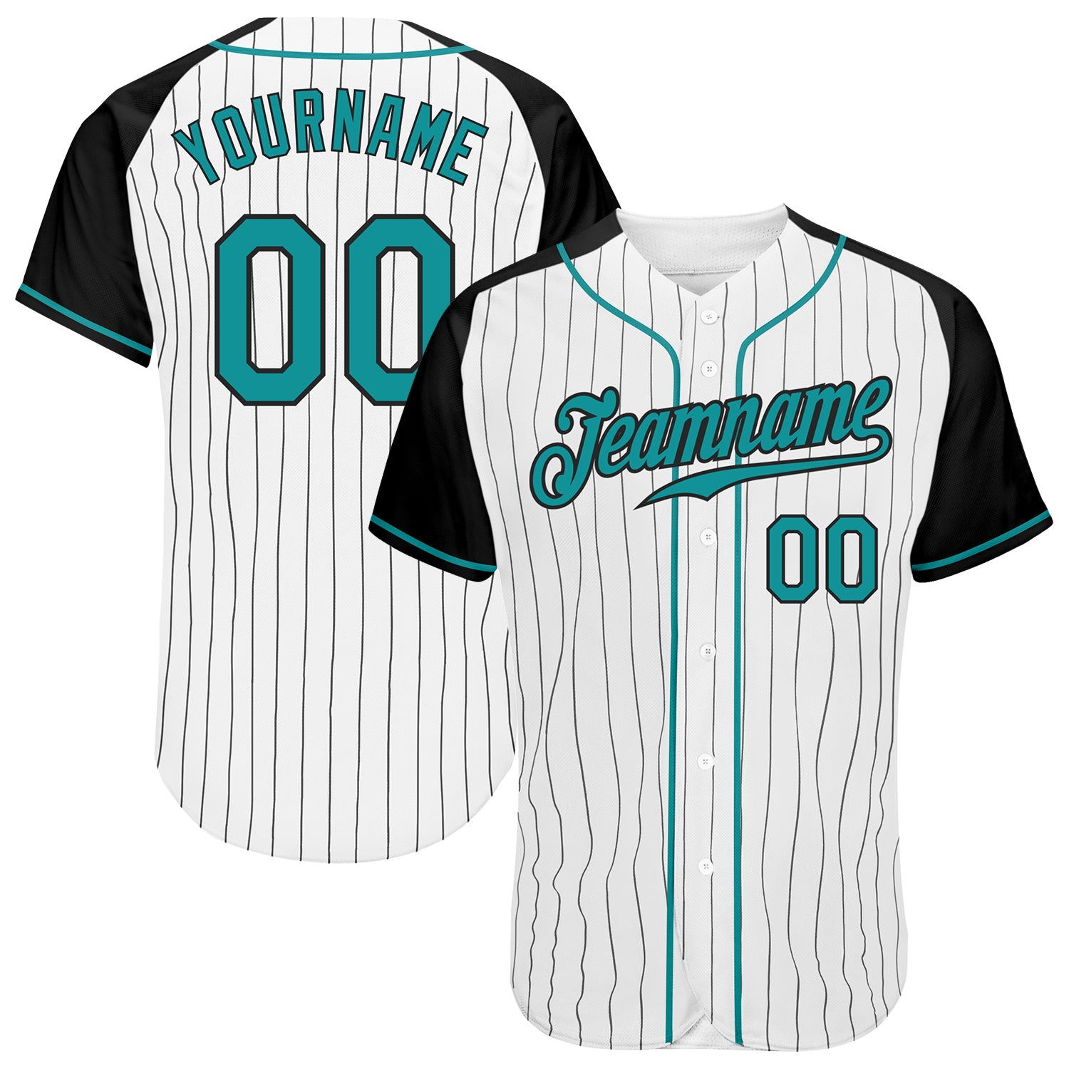 Custom White Black Pinstripe Aqua-Black Authentic Raglan Sleeves Baseball Jersey