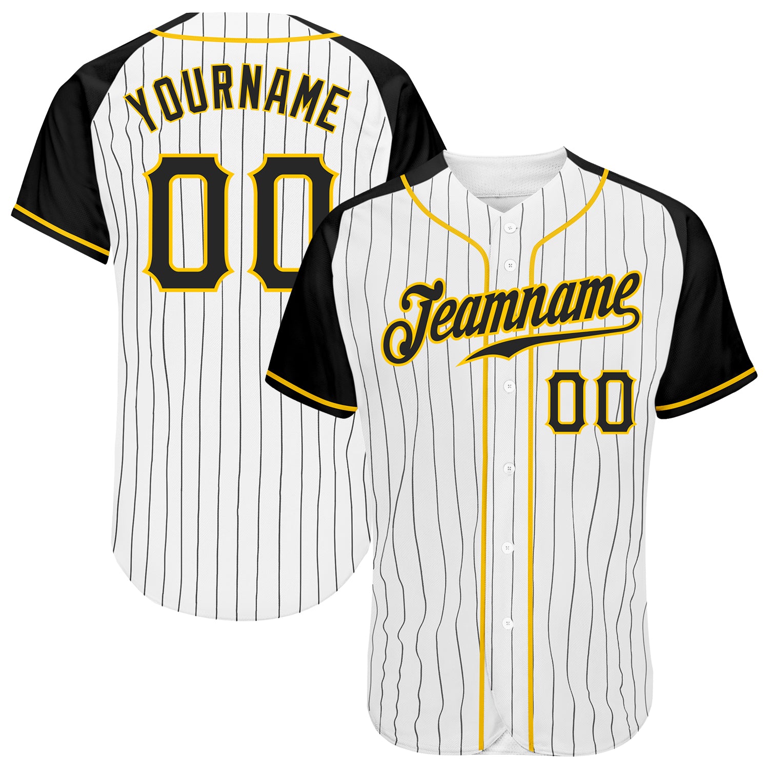 Custom White Black Pinstripe Black-Gold Authentic Raglan Sleeves Baseball Jersey