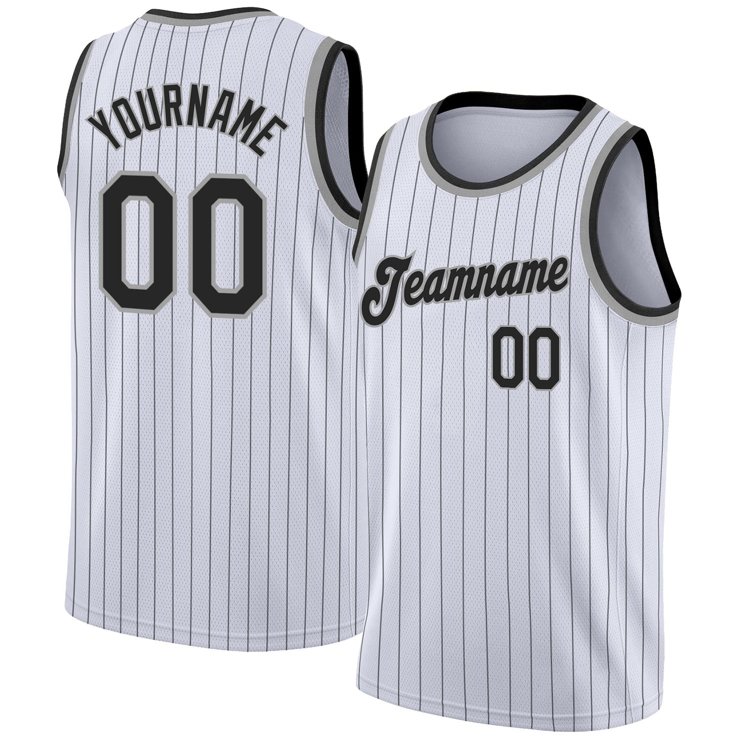 Custom White Black Pinstripe Black-Silver Gray Authentic Basketball Jersey