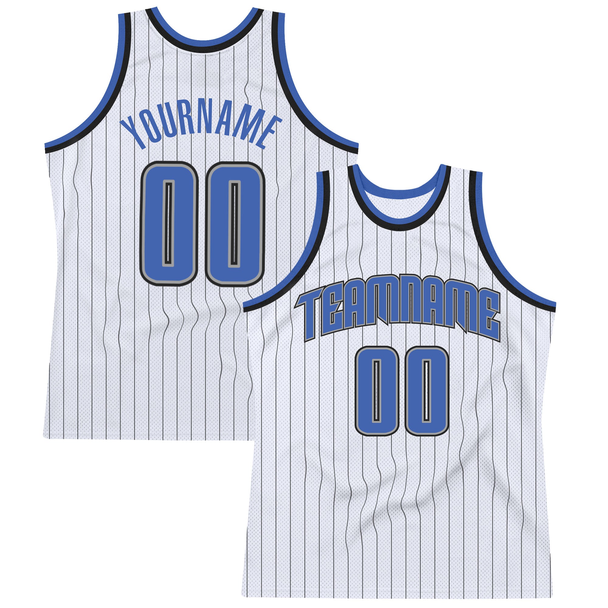 Custom White Black Pinstripe Blue-Silver Gray Authentic Throwback Basketball Jersey