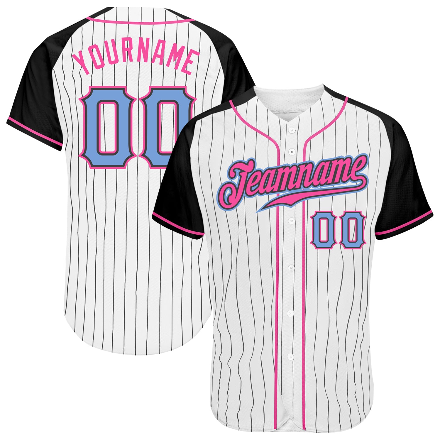 Custom White Black Pinstripe Light Blue-Black Authentic Raglan Sleeves Baseball Jersey