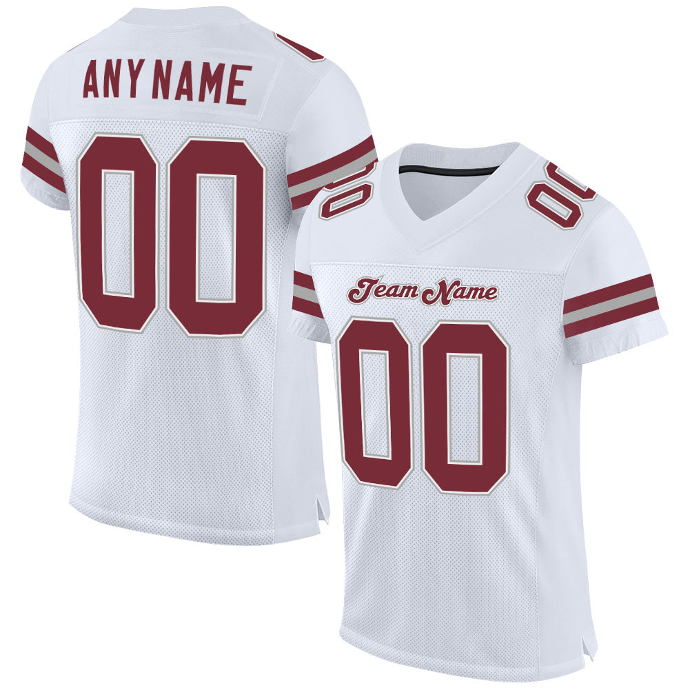 Custom White Burgundy-Gray Mesh Authentic Football Jersey