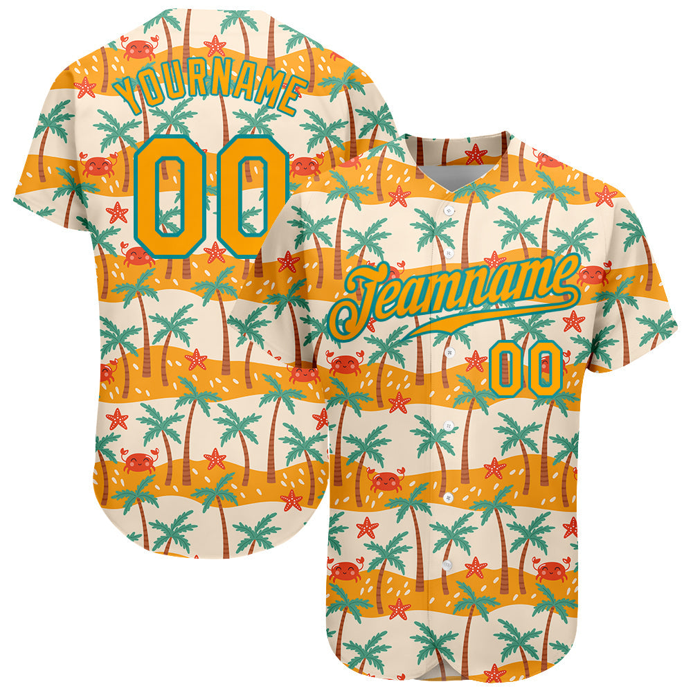 Custom White Gold-Aqua 3D Pattern Design Hawaii Palm Trees Authentic Baseball Jersey