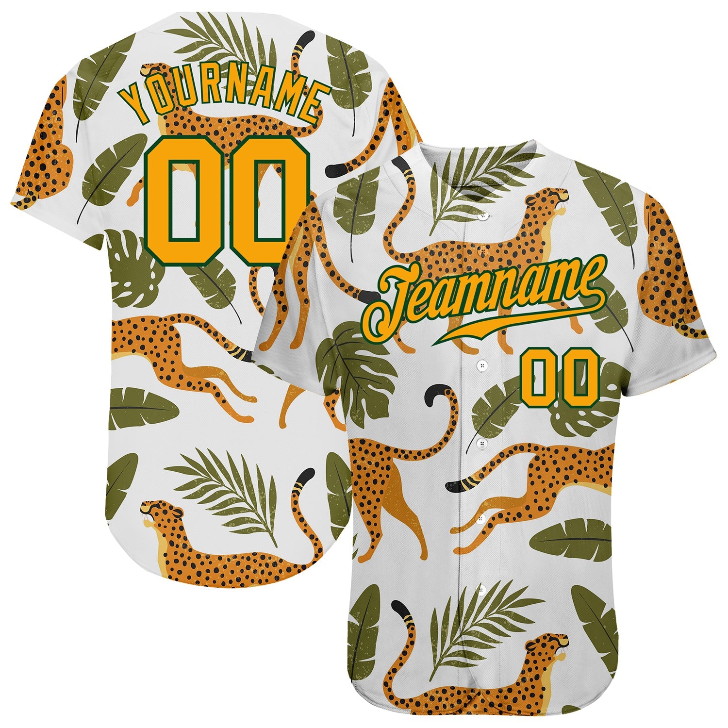 Custom White Gold-Green 3D Pattern Design Leopards And Tropical Leaves Authentic Baseball Jersey