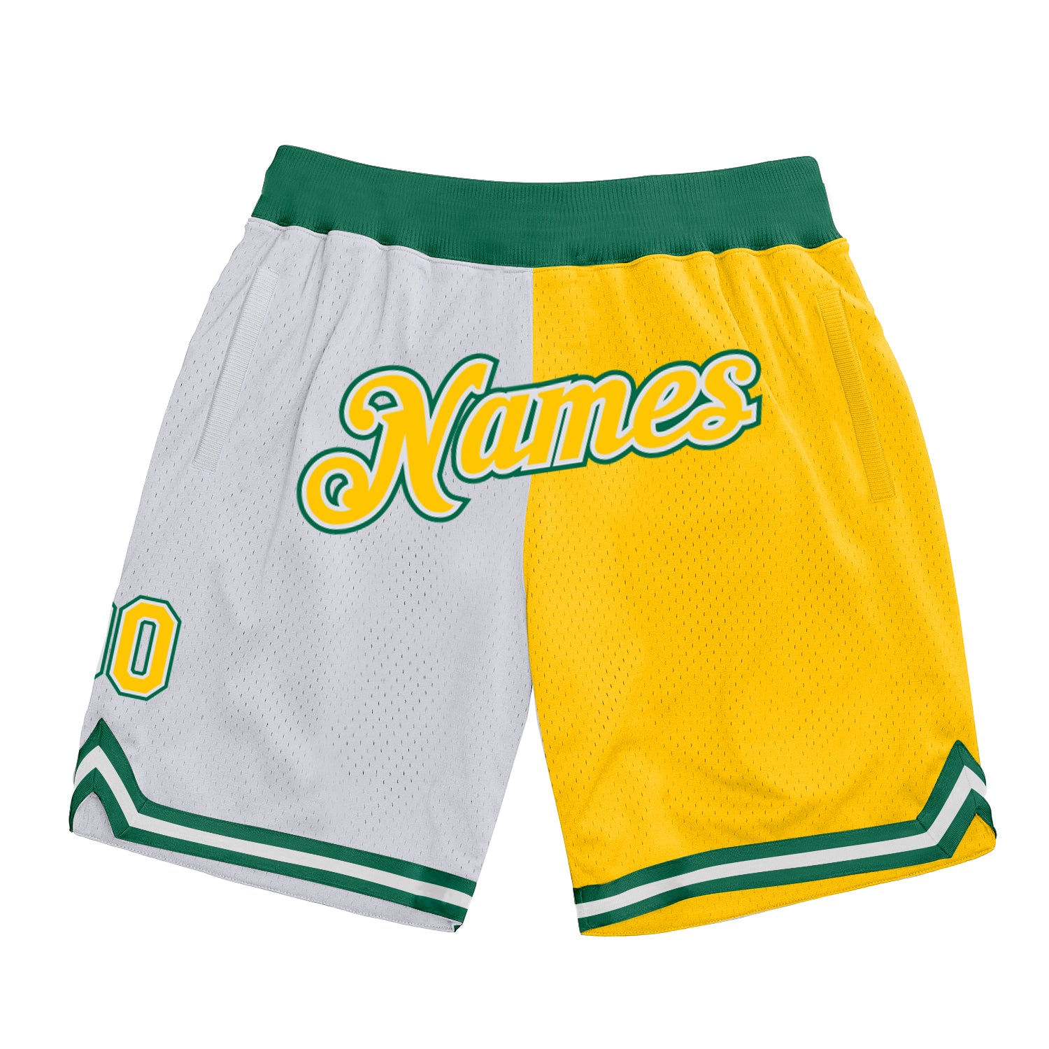 Custom White Gold-Kelly Green Authentic Throwback Split Fashion Basketball Shorts