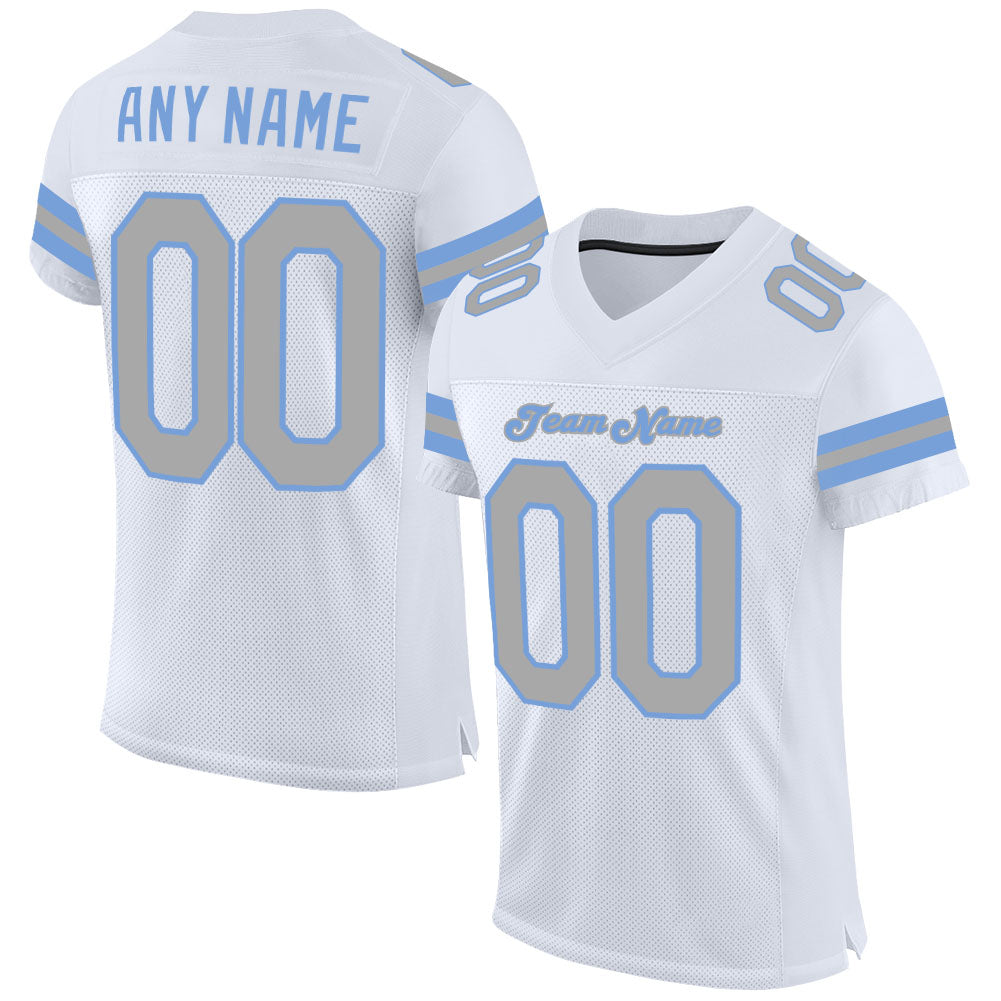 Custom White Gray-Light Blue Mesh Authentic Football Jersey