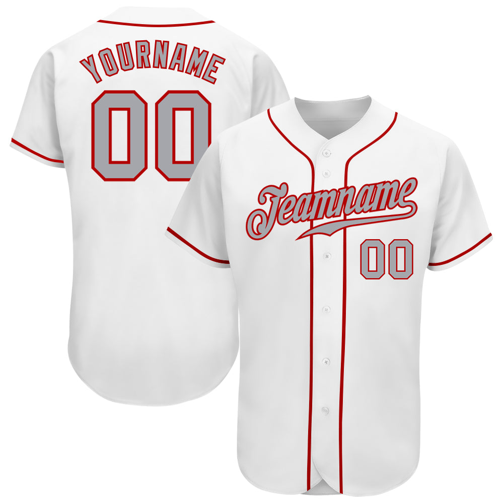 Custom White Gray-Red Authentic Baseball Jersey