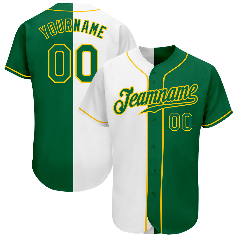 Custom White Kelly Green-Gold Authentic Split Fashion Baseball Jersey