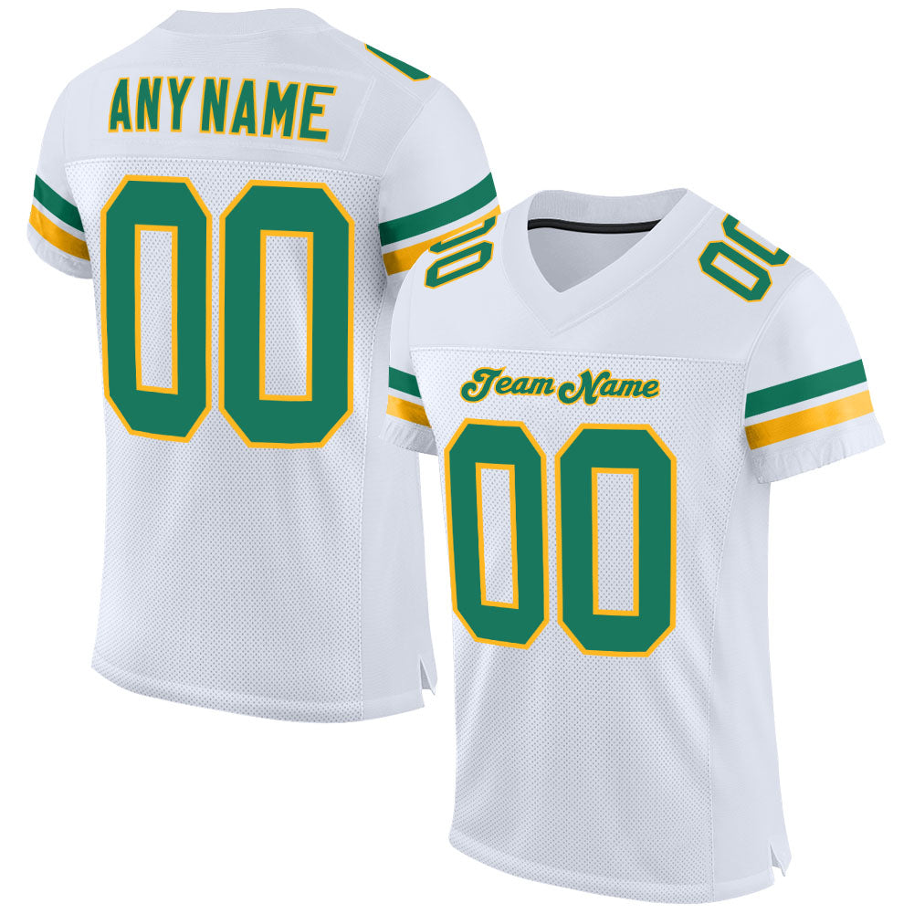 Custom White Kelly Green-Gold Mesh Authentic Football Jersey