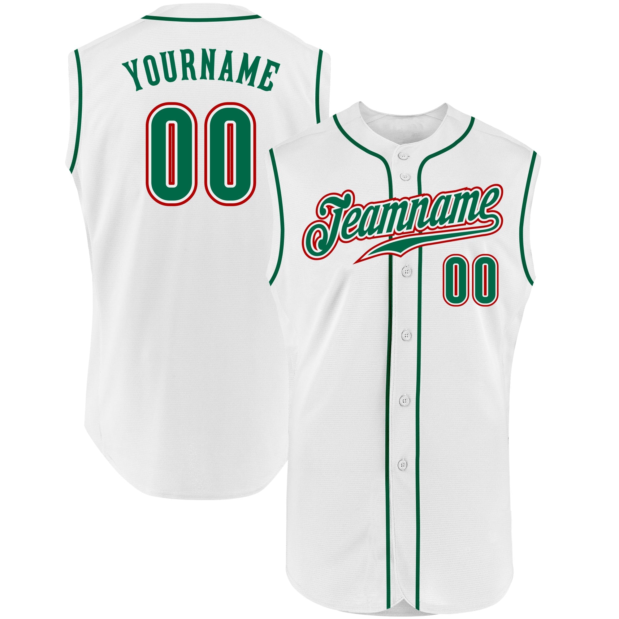 Custom White Kelly Green-Red Authentic Sleeveless Baseball Jersey