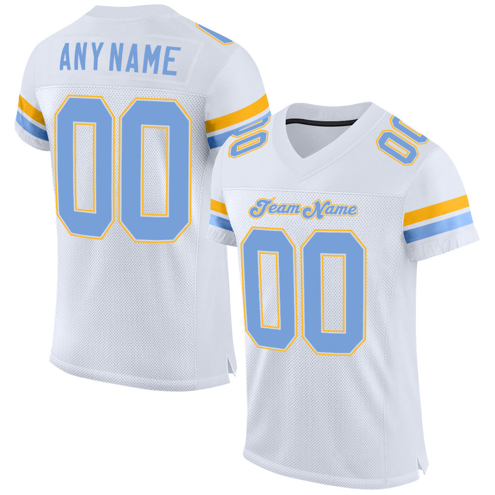 Custom White Light Blue-Gold Mesh Authentic Football Jersey