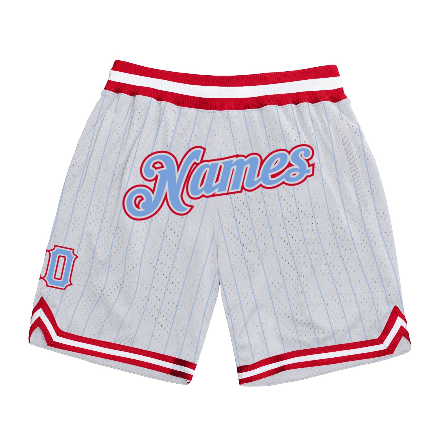 Custom White Light Blue Pinstripe Light Blue-Red Authentic Basketball Shorts