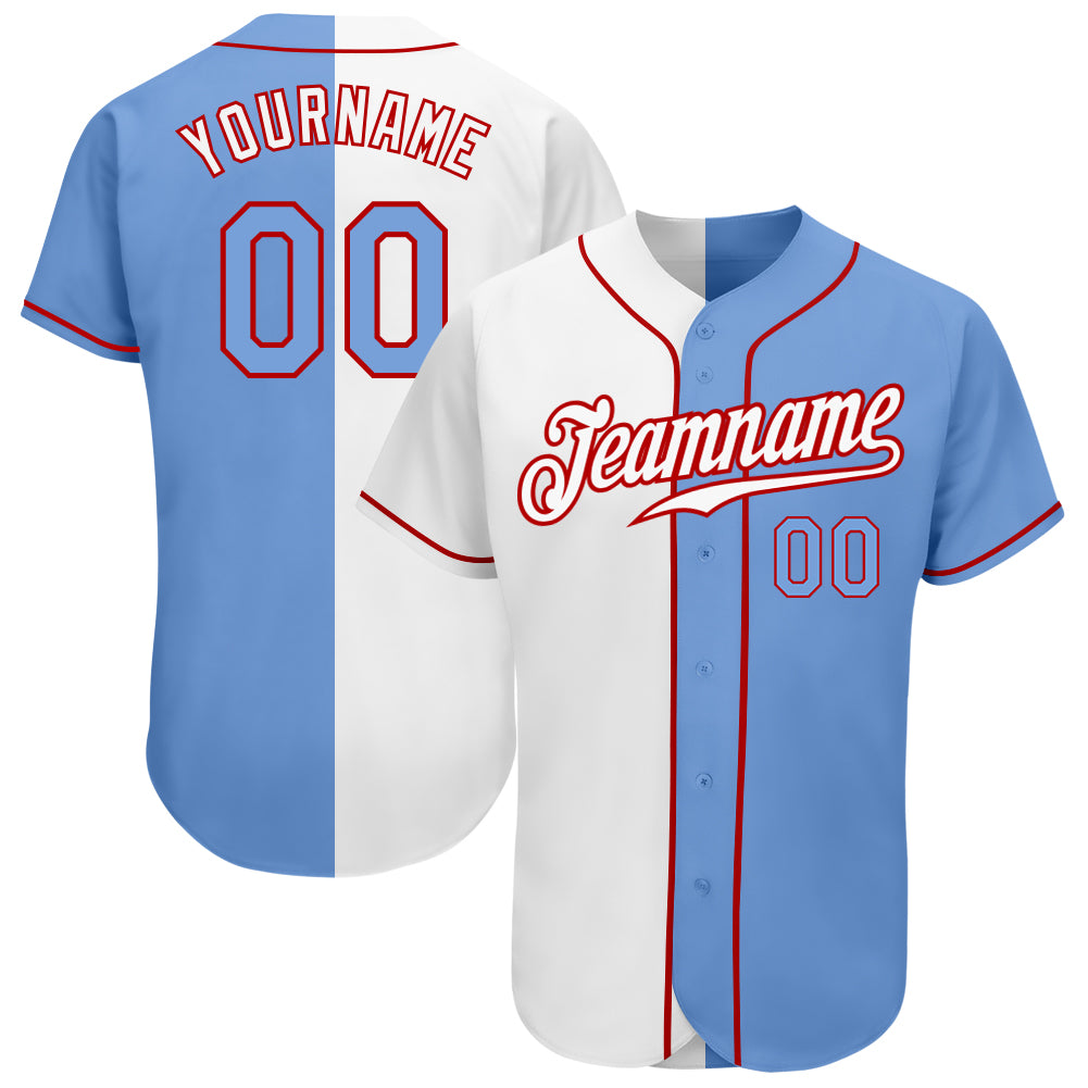 Custom White Light Blue-Red Authentic Split Fashion Baseball Jersey