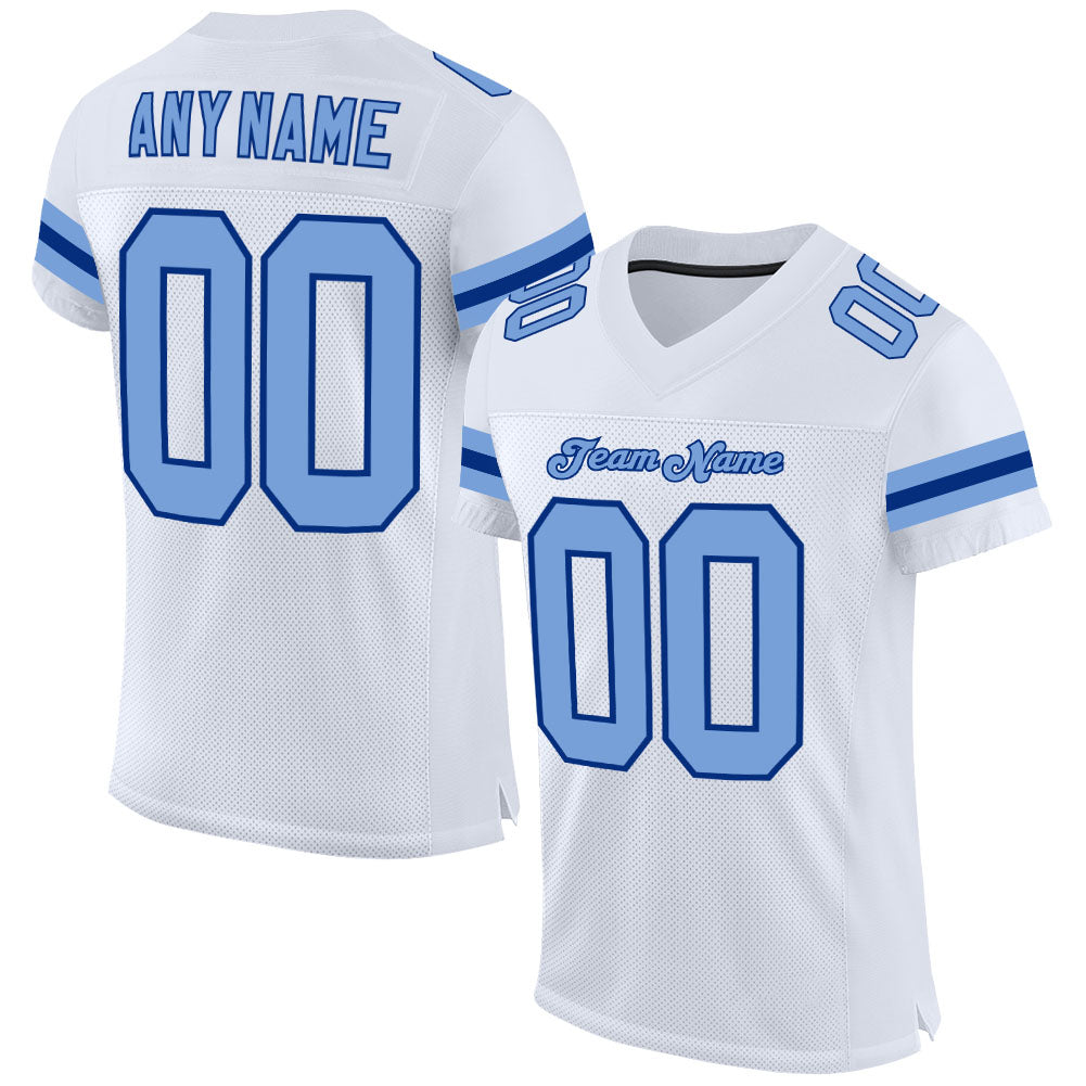 Custom White Light Blue-Royal Mesh Authentic Football Jersey