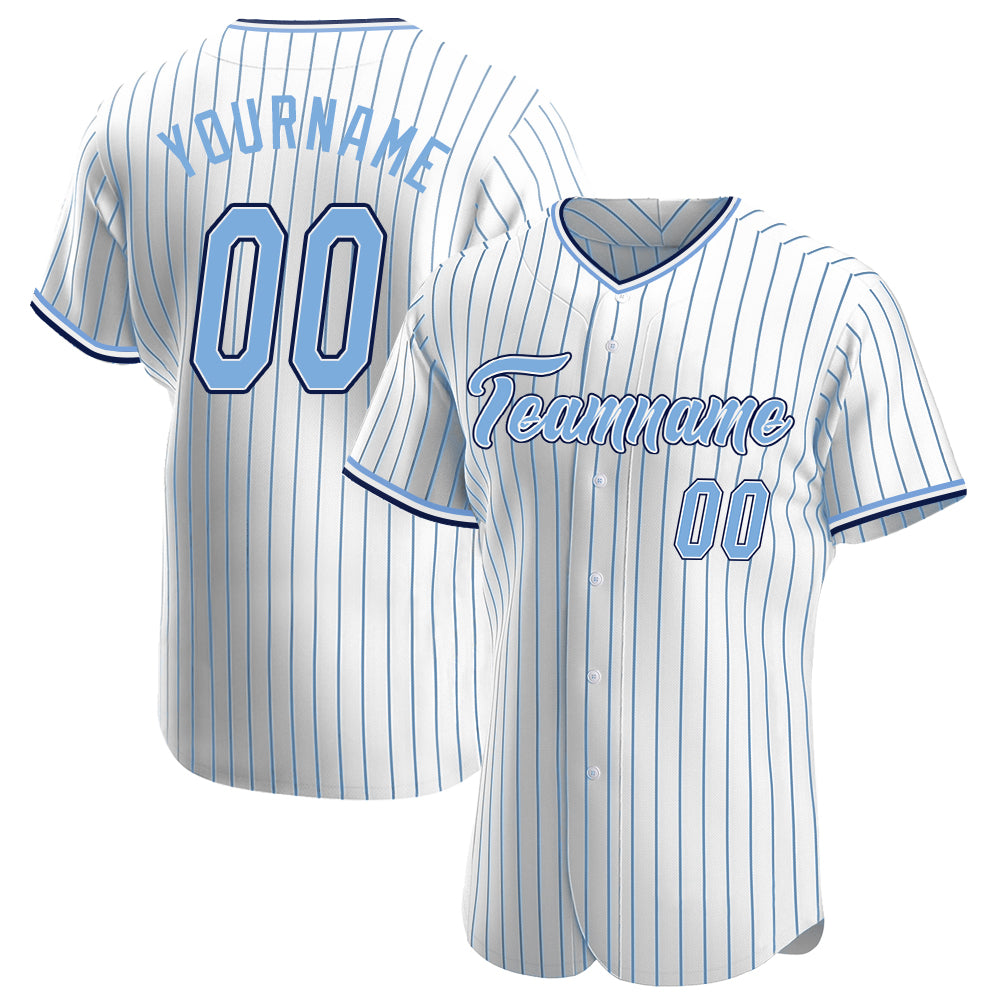 Custom White Light Blue Pinstripe Light Blue-Navy Authentic Baseball Jersey