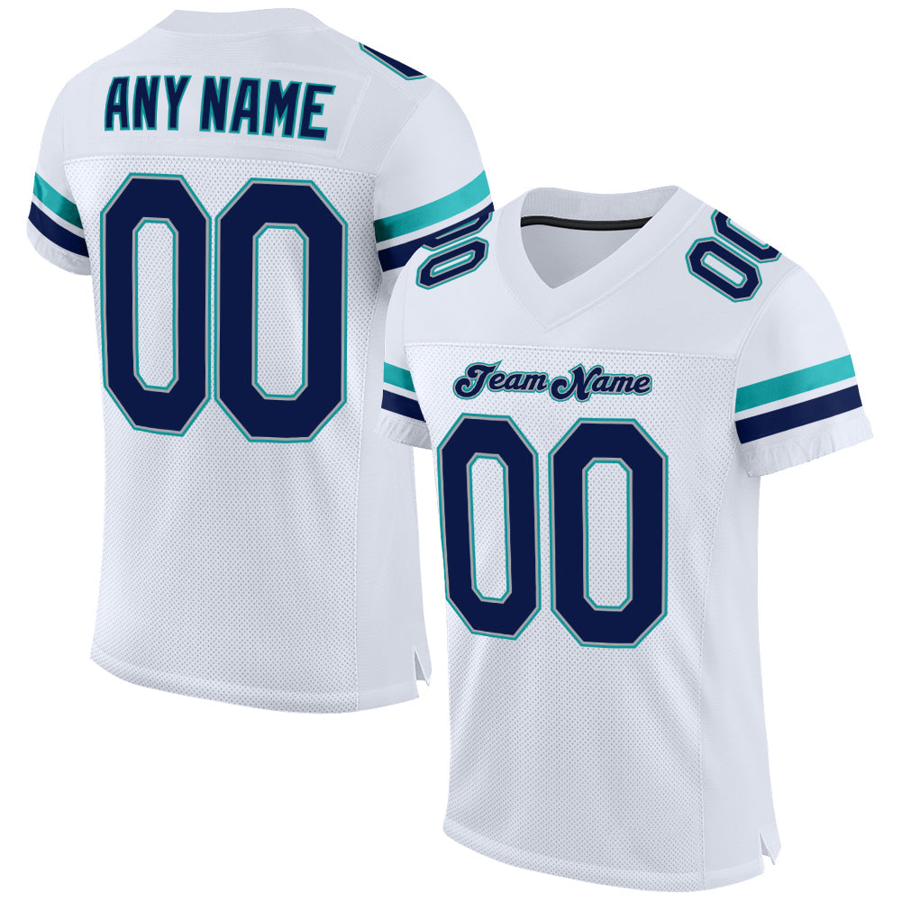 Custom White Navy-Aqua Mesh Authentic Football Jersey