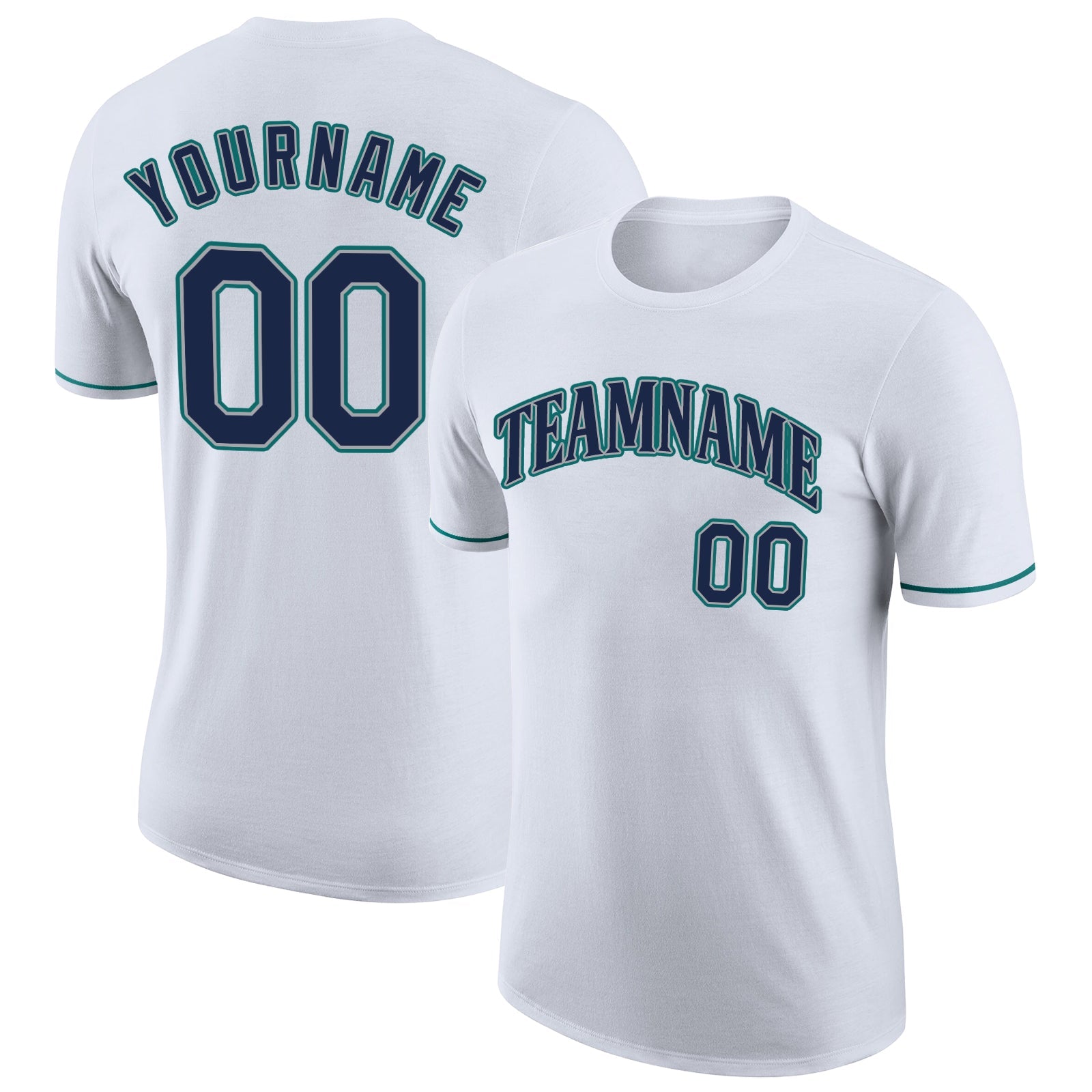 Custom White Navy-Aqua Performance T-Shirt