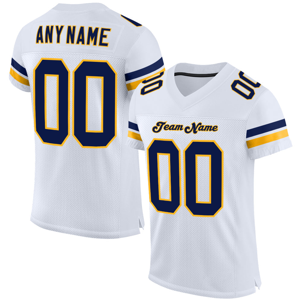 Custom White Navy-Gold Mesh Authentic Football Jersey