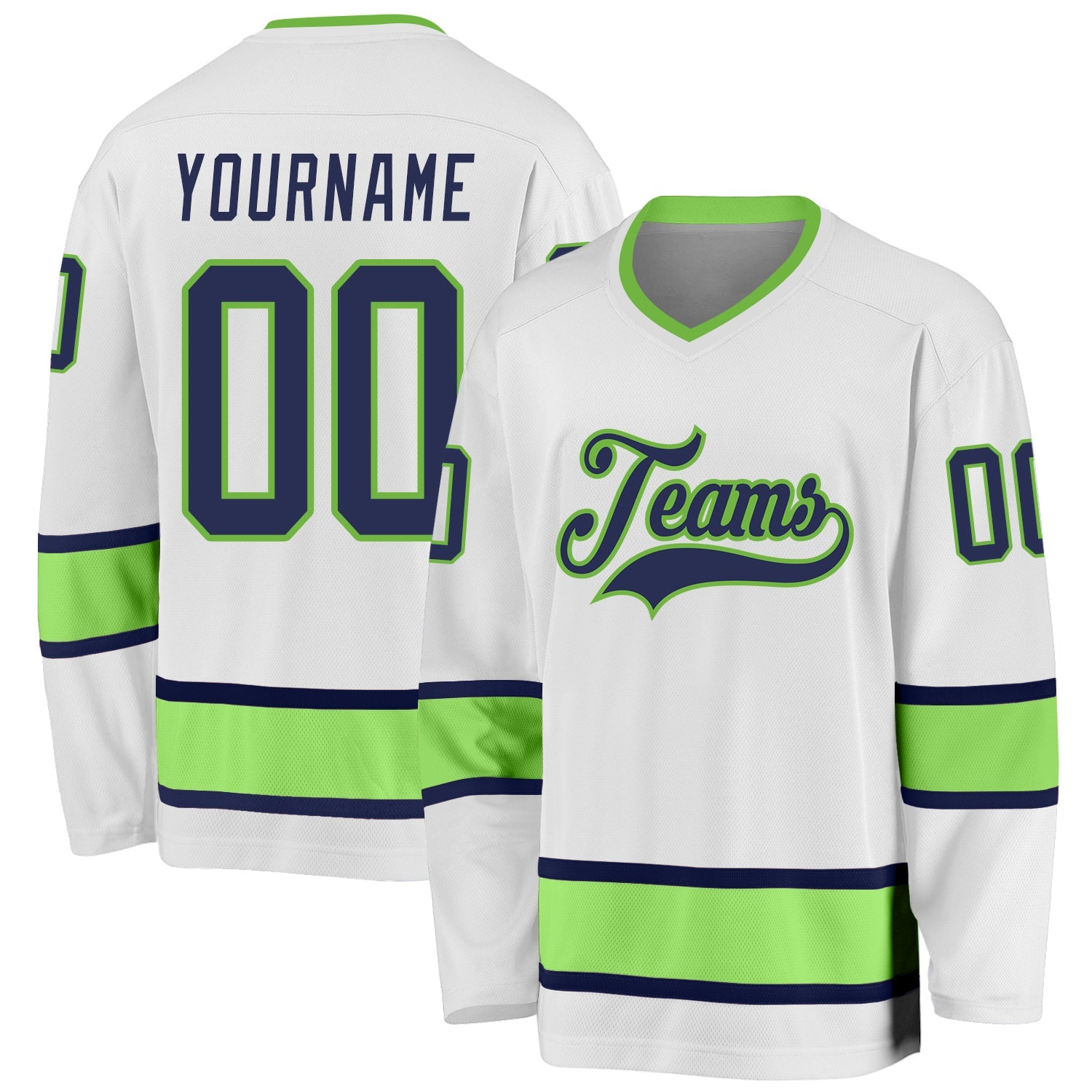 Custom White Navy-Neon Green Hockey Jersey