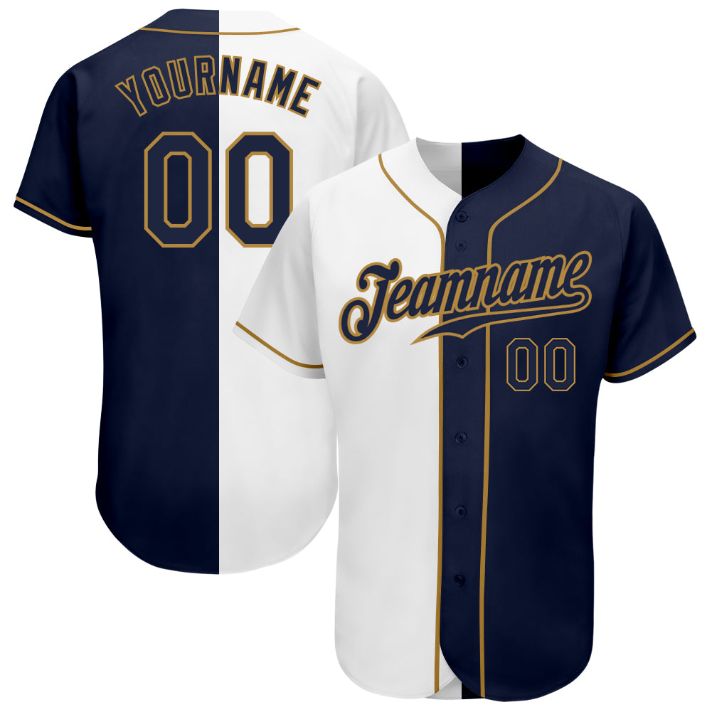 Custom White Navy-Old Gold Authentic Split Fashion Baseball Jersey