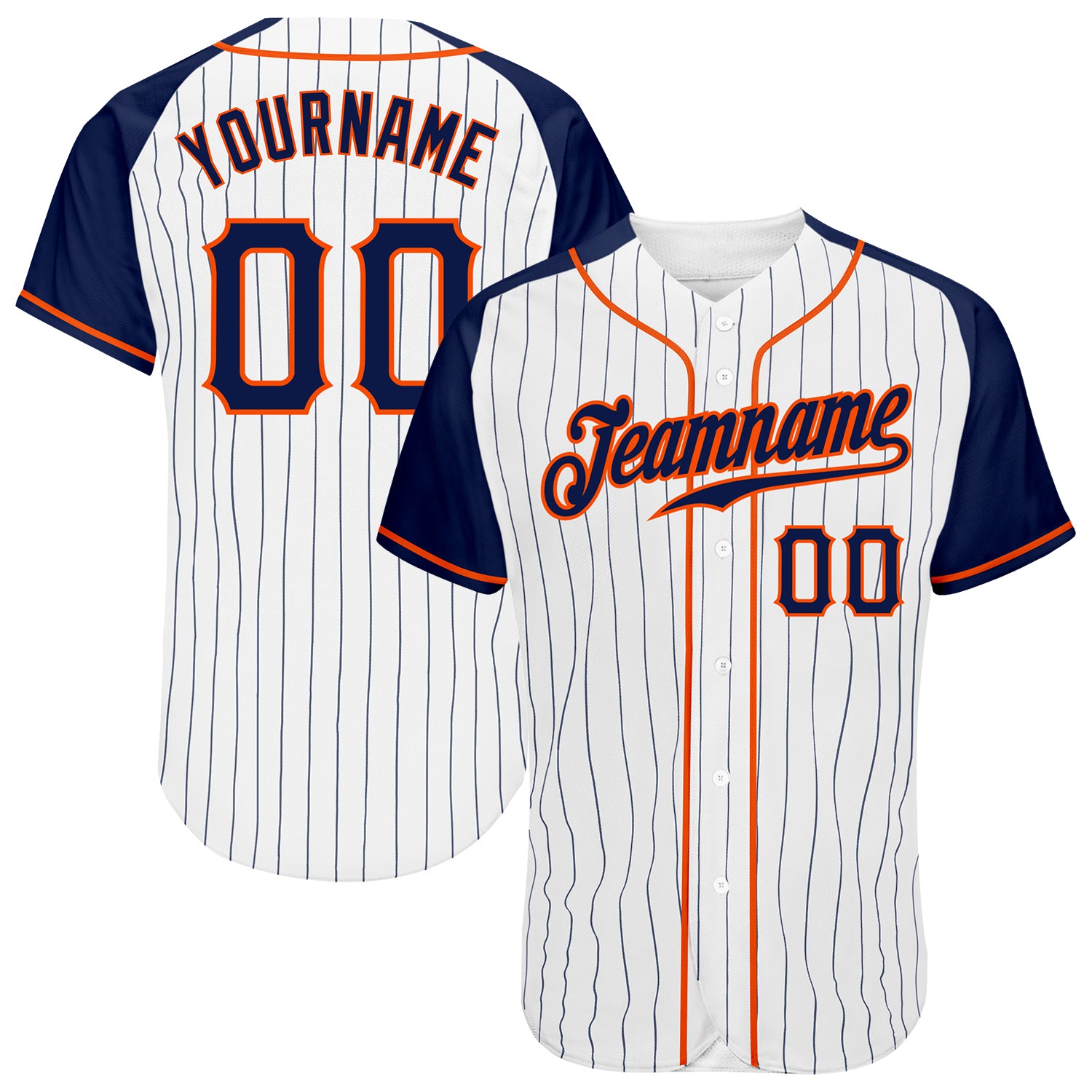 Custom White Navy Pinstripe Navy-Orange Authentic Raglan Sleeves Baseball Jersey