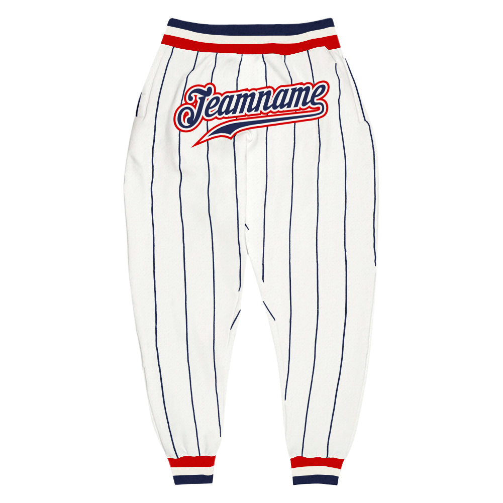 Custom White Navy Pinstripe Navy-Red Sports Pants